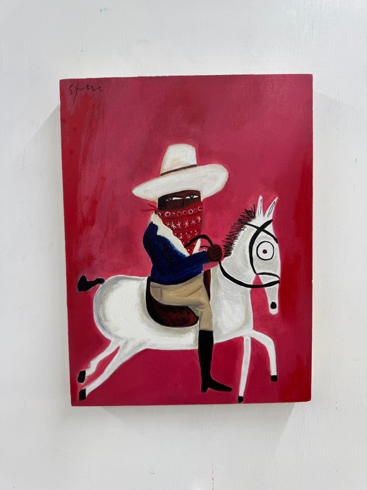 Man on white horse is not a gang banger but is a Cowboy